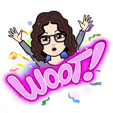 A cartoon avatar of a woman with curly hair, wearing glasses, raising her arms in celebration with the word 'WOOT!' and colorful confetti in the background.