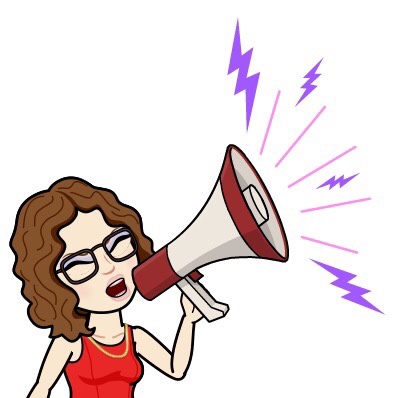 A cartoon character with curly brown hair and glasses is holding a megaphone and shouting, with sound waves represented by purple lightning bolts around her.