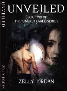 Cover of the book 'Unveiled', featuring a male figure in the foreground with a mysterious woman and wolf-like eyes in the background.