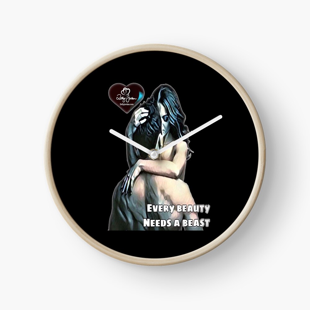 A clock featuring an artwork of a couple embracing, with the text 'Every beauty needs a beast' at the bottom.