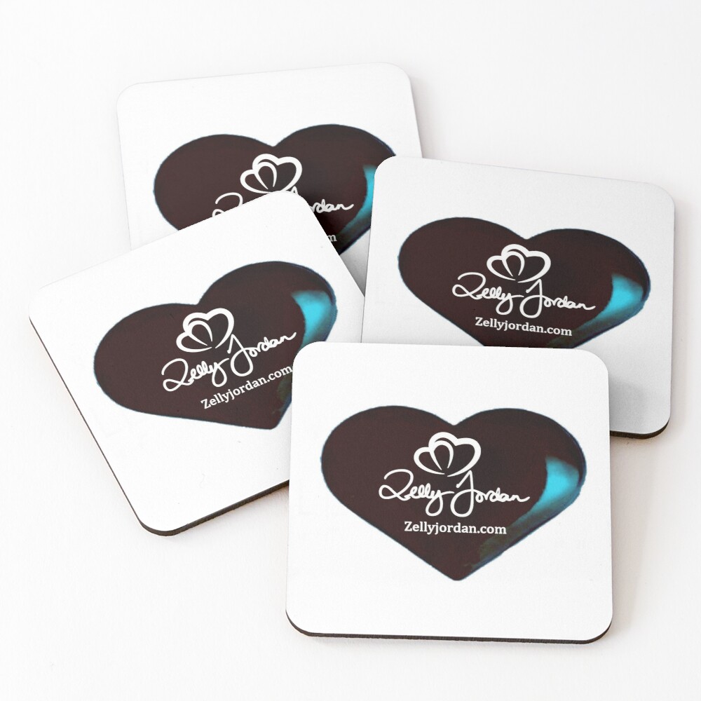 Four coasters featuring a heart design with the text 'Zelly Jordan' and 'zellyjordan.com' in white on a black background.