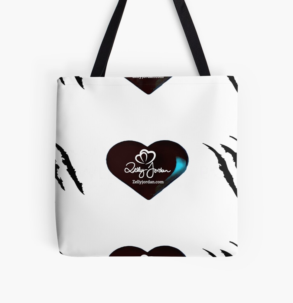 A tote bag featuring a design with a black heart and claw marks, showcasing the brand name 'Zelly Jordan' and website 'Zellyjordan.com'.