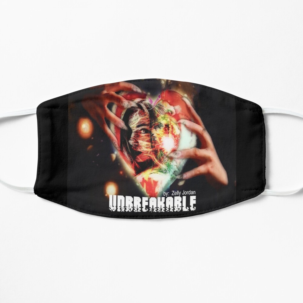 A face mask featuring a design of hands forming a heart shape, vibrant colors, and the word 'UNBREAKABLE' with the artist's name, Zelly Jordan.