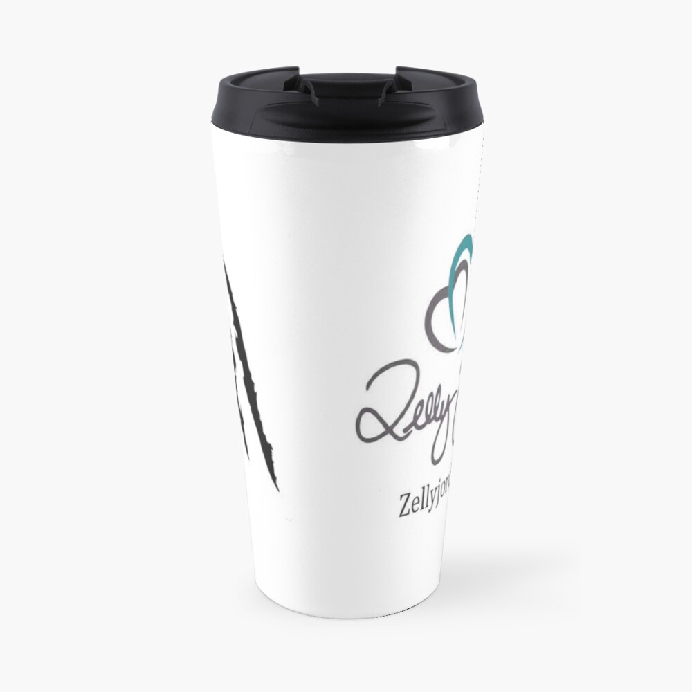 A travel mug featuring the logo and branding of Zellyjot.