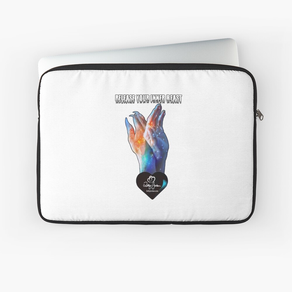 Laptop sleeve featuring a graphic of hands in a cosmic design with the text 'Release Your Inner Beast'.