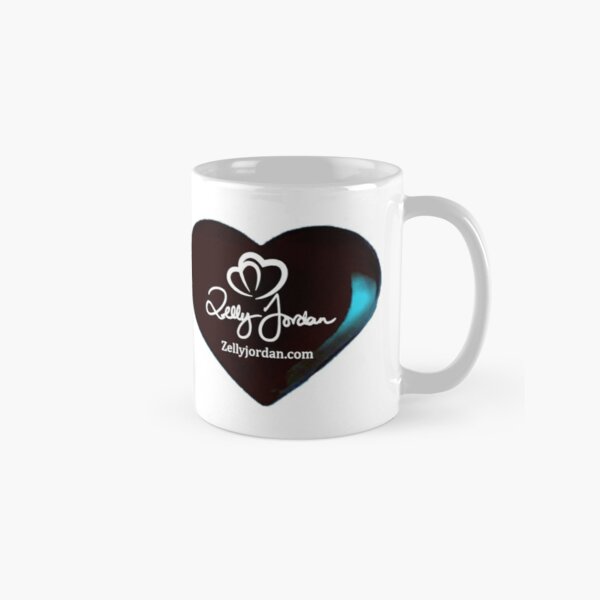 White mug featuring a heart design and the text 'Zelly Jordan' and 'Zellyjordan.com'.