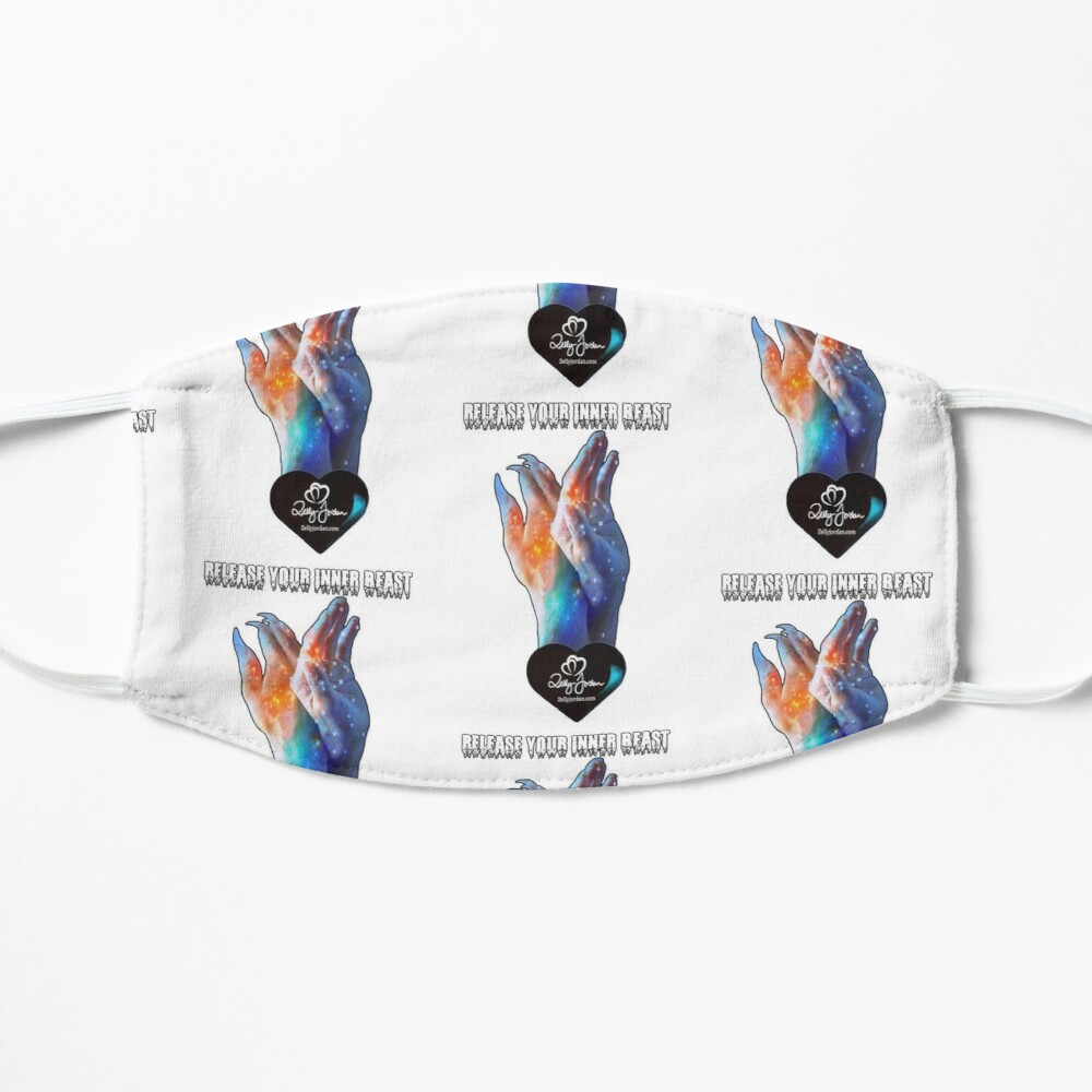 A face mask featuring a colorful design of hands against a white background, with the phrase 'RELEASE YOUR INNER BEAST' prominently displayed.