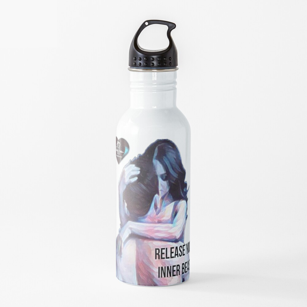 A water bottle featuring an artistic design of a couple embracing, with the text 'RELEASE YOUR INNER BEAUTY' printed on it.