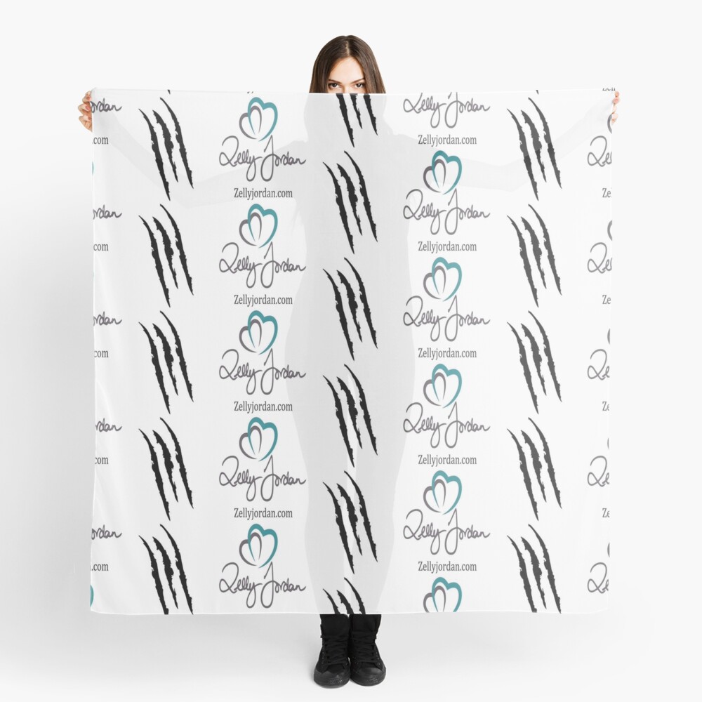 A person holding a fabric featuring a pattern of a logo and claw marks, promoting ZellyJordan.com.