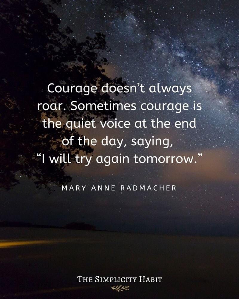 A night sky filled with stars, with a quote overlay that reads, 'Courage doesn’t always roar. Sometimes courage is the quiet voice at the end of the day, saying, "I will try again tomorrow."' by Mary Anne Radmacher.