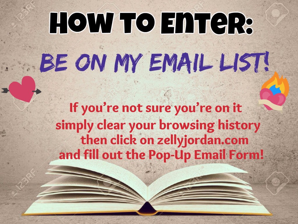 An open book on a textured surface with text instructions on how to join an email list, decorated with heart and flame icons.