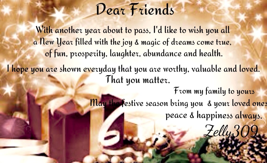 A festive greeting card with text wishing friends a joyous New Year filled with fun, laughter, and health, surrounded by Christmas decorations including gifts and ornaments.