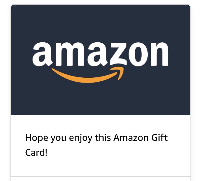 Image of an Amazon gift card with the text 'Hope you enjoy this Amazon Gift Card!' displayed against a dark background.