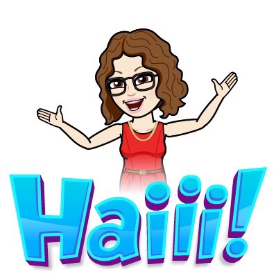 A cartoon avatar of a woman with curly hair and glasses, wearing a red dress, smiling and waving with the text 'Haiii!' in colorful letters.