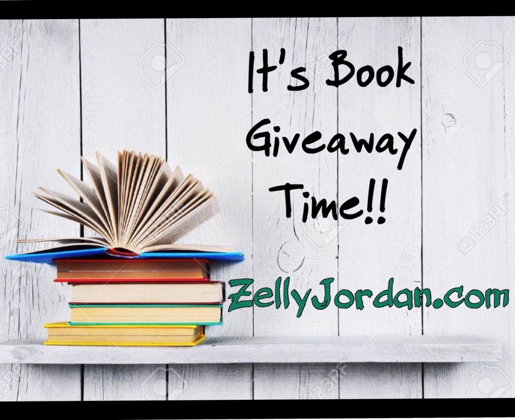 An open book rests on a stack of colorful books, set against a wooden background, with the text 'It's Book Giveaway Time!!' and 'ZellyJordan.com' prominently displayed.