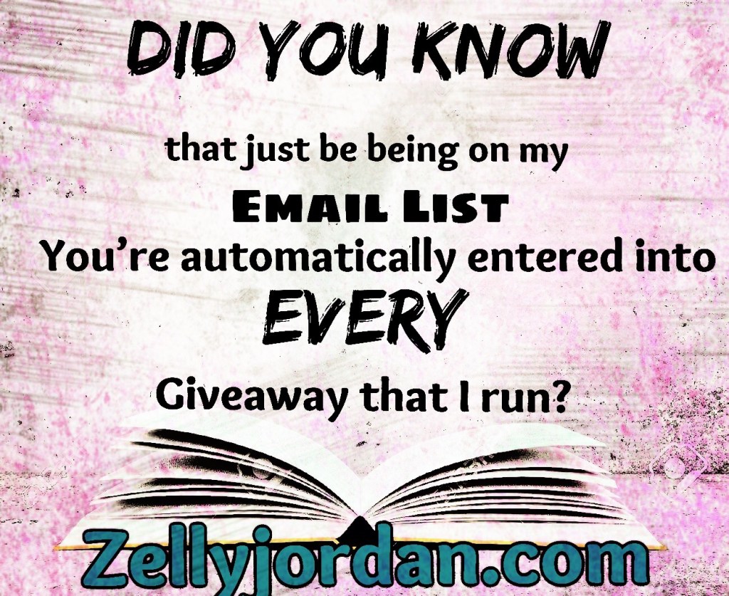A graphic promoting an email list where subscribers are automatically entered into every giveaway, featuring an open book and colorful text.
