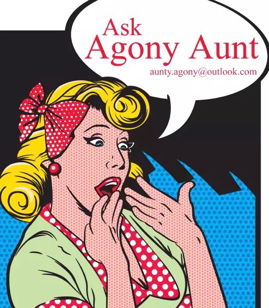 A retro illustration of a surprised woman with blonde hair and a polka dot headband, looking shocked, with the text 'Ask Agony Aunt' and an email address.