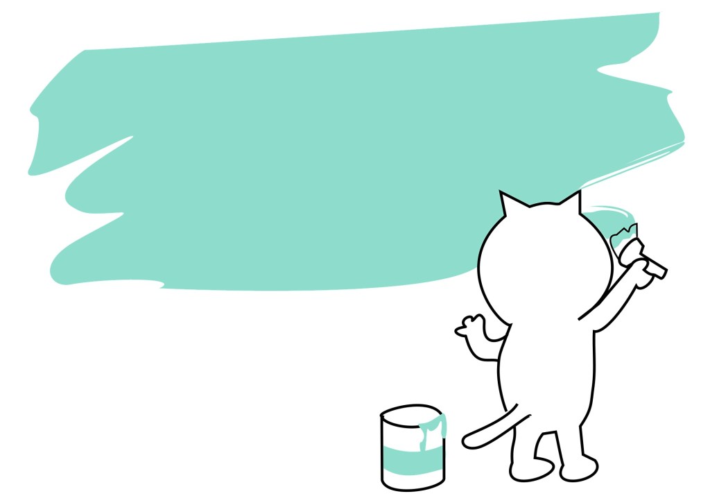 A cartoon illustration of a cat standing on its hind legs, holding a paintbrush and painting a large mint green brushstroke on a white wall. A paint can is placed beside it.