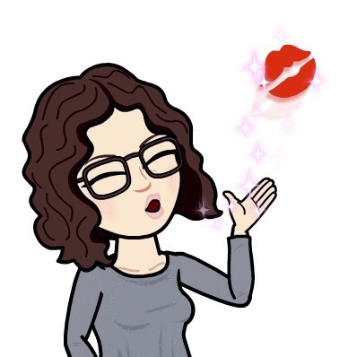 A digital illustration of a woman with curly hair and glasses, playfully blowing a kiss with sparkling effects and a lip imprint.